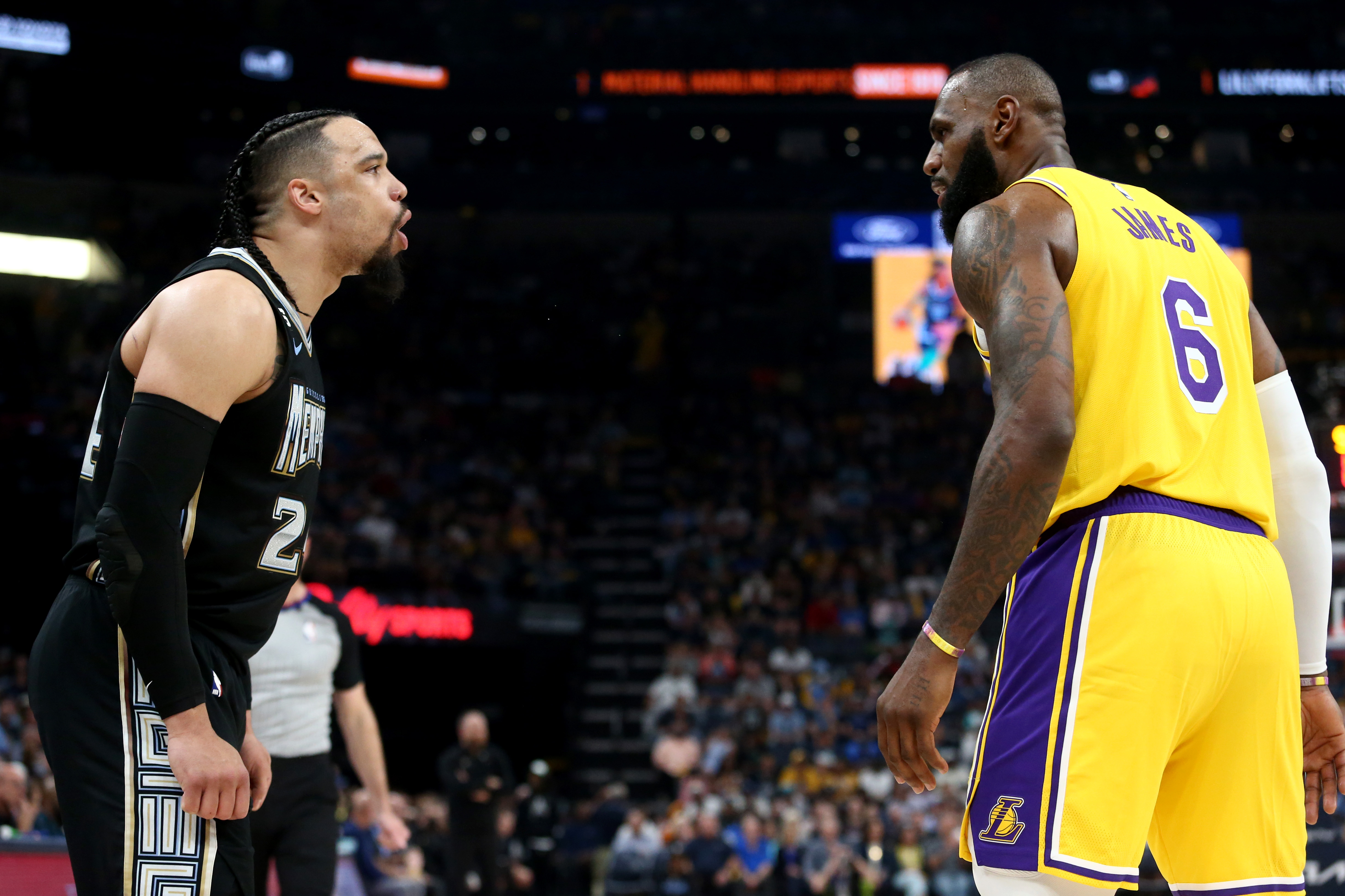 Memphis Grizzlies forward Dillon Brooks (24) and Los Angeles Lakers forward LeBron James (6) react during the second half during game two of the 2023 NBA playoffs at FedExForum.